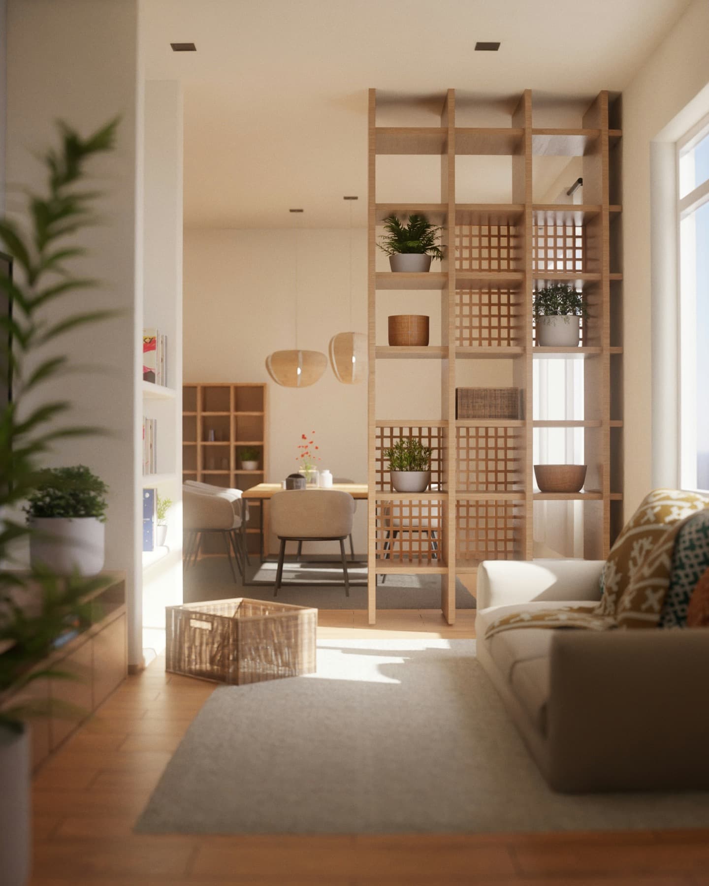 Sunlit residential interior with comfortable seating and plants